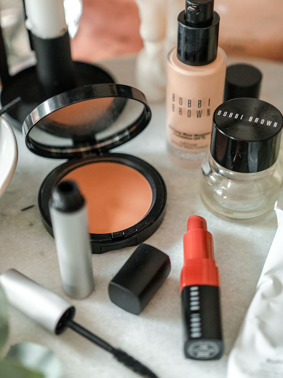 bobbi brown favourites skincare makeup review flat lay photography beauty post foundation bronzer radiance boost mask