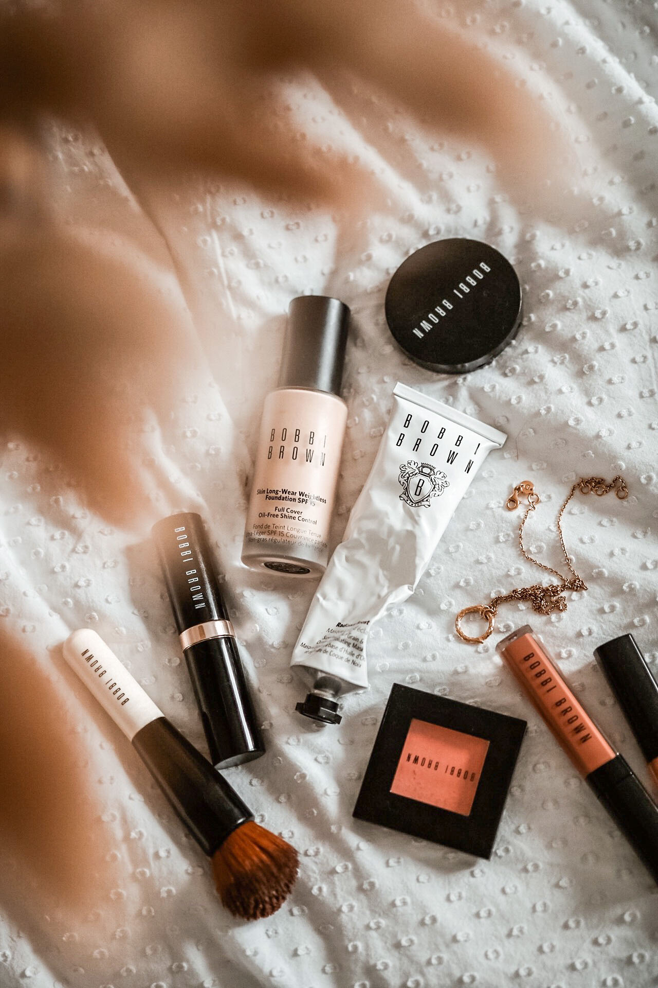 bobbi brown favourites skincare makeup review flat lay photography beauty post foundation bronzer radiance boost mask